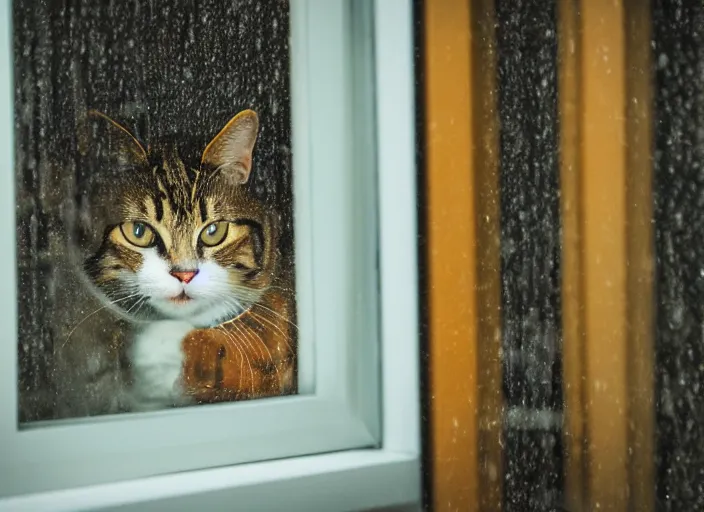 Image similar to photography of a Cat . watching outside the window while it rains. on a bed. in a room full of vinyls and posters, photorealistic, raining award winning photo, 100mm, sharp, high res