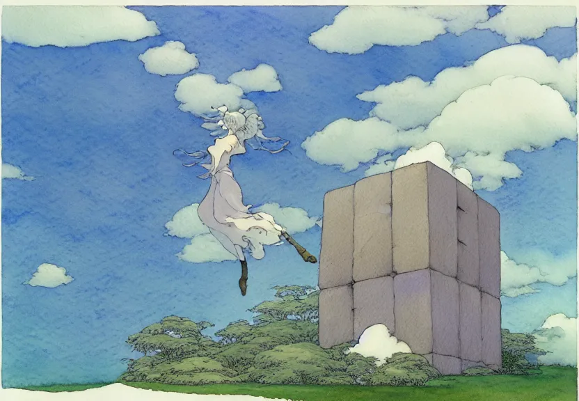 Image similar to a simple watercolor fantasy concept art of a giant grey cube floating in the air. by studio ghibli, rebecca guay, michael kaluta, charles vess