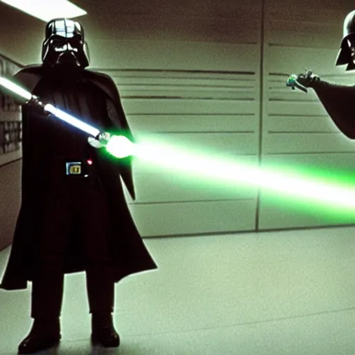 Prompt: walter white having a lightsaber duel with darth vader