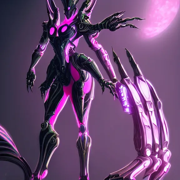 Image similar to highly detailed giantess shot exquisite warframe fanart, looking up at a giant beautiful majestic saryn prime female warframe, as a stunning anthropomorphic robot female dragon, looming over you, dancing elegantly over you, sleek bright white armor with glowing fuchsia accents, proportionally accurate, anatomically correct, sharp detailed robot dragon paws, two arms, two legs, camera close to the legs and feet, giantess shot, furry shot, upward shot, ground view shot, leg and hip shot, elegant shot, epic low shot, high quality, captura, realistic, sci fi, professional digital art, high end digital art, furry art, macro art, giantess art, anthro art, DeviantArt, artstation, Furaffinity, 3D realism, 8k HD octane render, epic lighting, depth of field