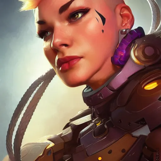 Prompt: character portrait of Zarya from Overwatch, intricate, wild, highly detailed, digital painting, artstation, upper body, concept art, smooth, sharp focus, illustration, art by artgerm and greg rutkowski and alphonse mucha