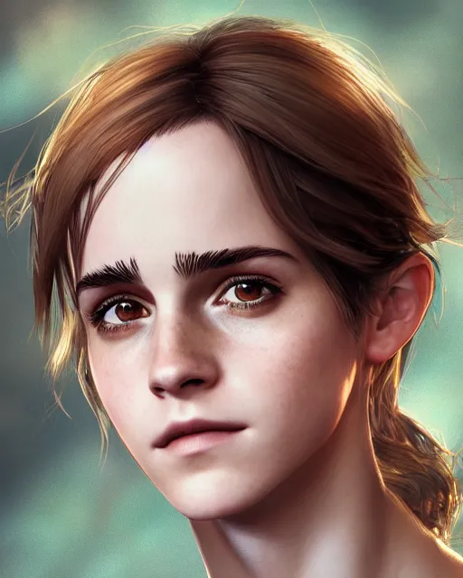 Image similar to final fantasy portrait of emma watson, au naturel, hyper detailed, digital art, trending in artstation, cinematic lighting, studio quality, smooth render, unreal engine 5 rendered, octane rendered, art style by klimt and nixeu and ian sprigger and wlop and krenz cushart.