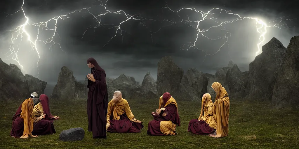 Prompt: photorealistic strange dark monks perform a ritual. magical symbols float above them. epic landscape with magically floating rocks, with ominous storm clouds, strange levitating stones, stones falling from the sky, a gentle rising mist. occult photorealism, uhd, amazing depth, glowing, volumetric lighting, cinematic lighting, design by alphonse mucha