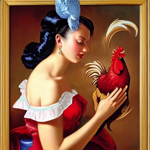 Prompt: woman dressed in pin up style keeps in hands rooster by greg hildebrandt fancy rococo baroque regal oil painting high quality clothed in fancy garb