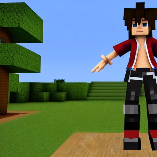 Image similar to sora, from kingdom hearts, as a reinterpretation made by minecraft