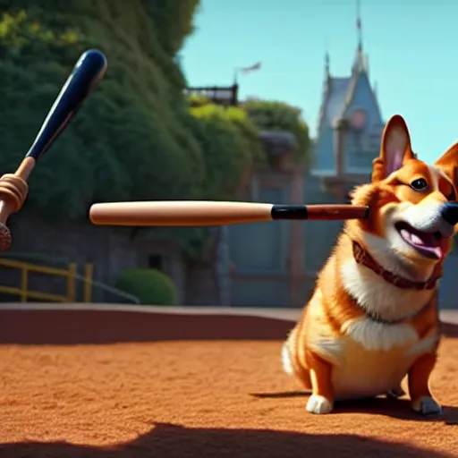 Image similar to weta disney pixar movie still photo of funny corgi with baseball bat : : dog by pixar : : giant sign that says bonk : : by weta, greg rutkowski, wlop, ilya kuvshinov, rossdraws, artgerm, octane render, iridescent, bright morning, anime, liosh, mucha : :