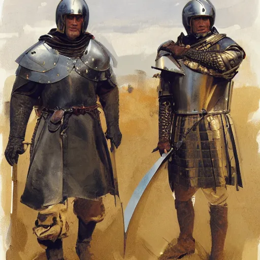 Image similar to portrait of two men wearing gambeson and medieval helmets, raised swords, fighting, detailed by greg manchess, craig mullins, bernie fuchs, walter everett