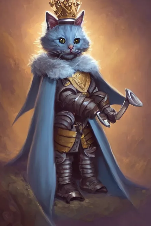 Image similar to cute little anthropomorphic cat knight wearing a cape and a crown, tiny, small, miniature cat , baby animal, short, pale blue armor, cute and adorable, pretty, beautiful, DnD character art portrait, matte fantasy painting, DeviantArt Artstation, by Jason Felix by Steve Argyle by Tyler Jacobson by Peter Mohrbacher, cinematic lighting