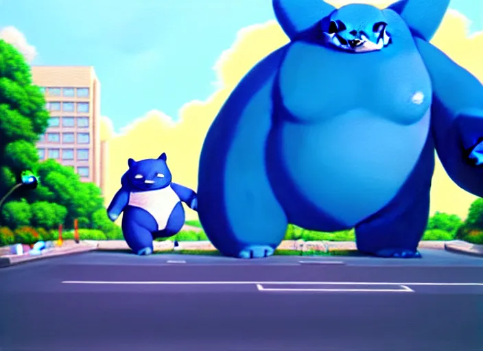 Prompt: snorlax blocks a city street. a giant blue bear creature blocks the way of a city street. photorealism, detailed painting, trending on artstation