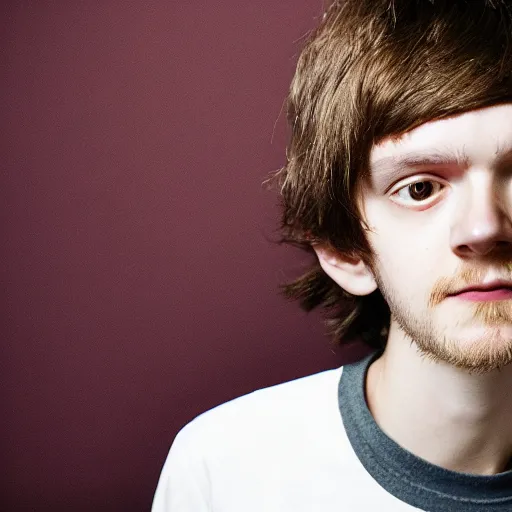 Image similar to madeon looking longingly to the left, harsh red lighting, studio photograph, award winning