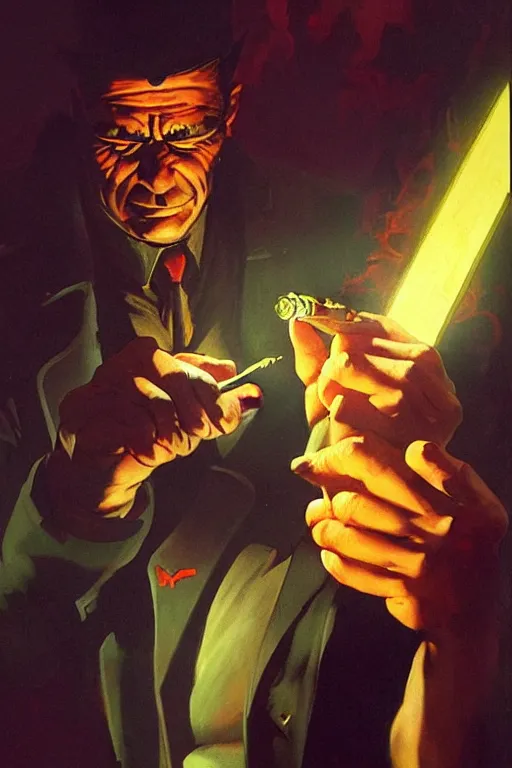 Image similar to A mafia boss lighting a cigar in a cyberpunk setting, by Frank Frazetta, dramatic lighting, high contrast colours, as trending on Artstation, highly detailed,