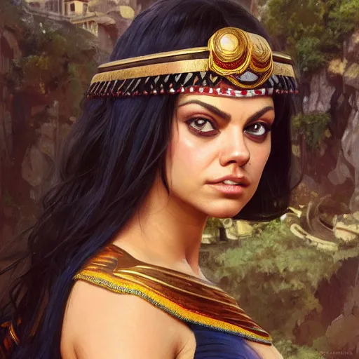 Prompt: a closeup portrait of a young mila kunis as cleopatra, gorgeous view, pyramid background, high detail, art by artgerm and greg rutkowski and alphonse mucha, digital art, trending on artstation