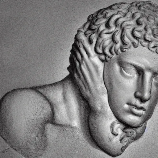 Prompt: a broken statue of david, broken head, cracked head, realism drawing