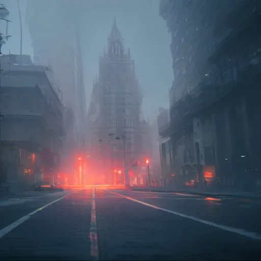 Image similar to city on fire greg rutkowski, digital art, volumetric fog, ue 4, ue 5, unreal engine 5,