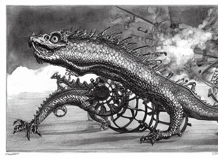 Image similar to illustration, real dragon with steam punk tanks and pipes on its side, white background, Charles Dana Gibson, Olivia Kemp, julia Hill