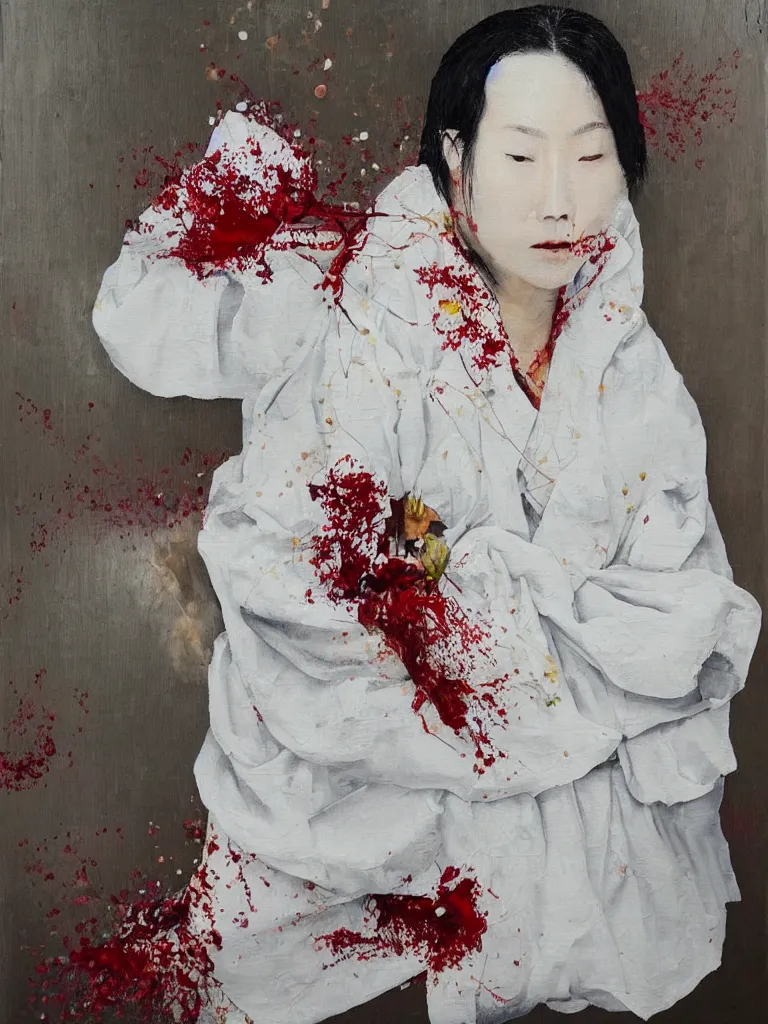 Image similar to “art in an Australian artist’s apartment, portrait of a Japanese woman wearing loose-fitting white cotton cloth, stained with fresh berries and maple syrup, white wax, edible flowers, acrylic and spray paint and oilstick on canvas”