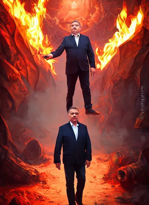 Image similar to photo of viktor orban in hell, in the style of stefan kostic, realistic, professionally, professionally color graded, half body shot, sharp focus, 8 k high definition, insanely detailed, intricate, elegant, art by stanley lau and artgerm