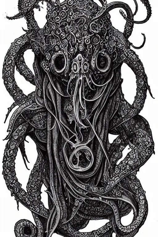 Image similar to black ink on paper, illithid cthulhu, trending on artstation, beautiful, intricate, detailed