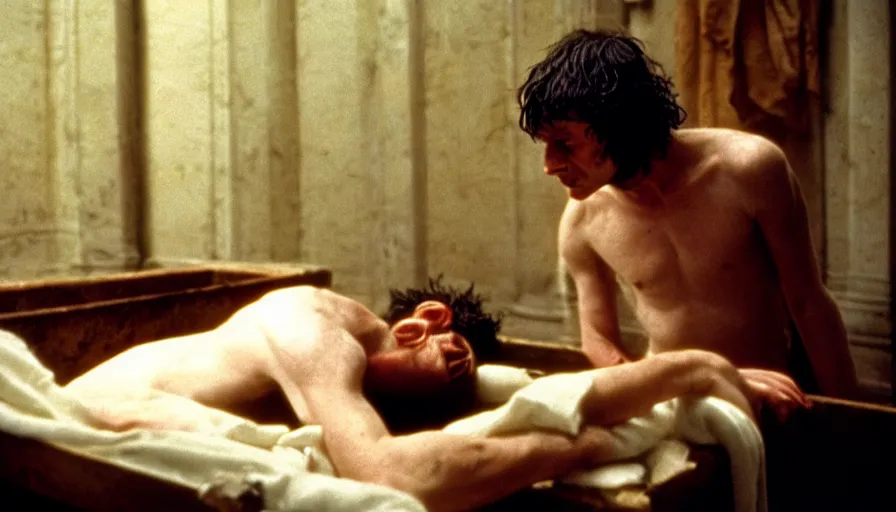 Image similar to movie still of jean - paul marat a wound at the chest, bleeding in the bath, cinestill 8 0 0 t 3 5 mm, high quality, heavy grain, high detail, cinematic composition, dramatic light, anamorphic, ultra wide lens, hyperrealistic, by pasolini