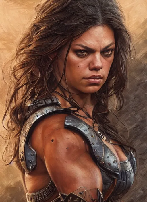 Image similar to exhausted Mila Kunis as a very muscled rugged looking Amazon, dirty, sweating, intricate, elegant, highly detailed, artstation, concept art, sharp focus, art by artgerm and donato giancola and Joseph Christian Leyendecker, WLOP