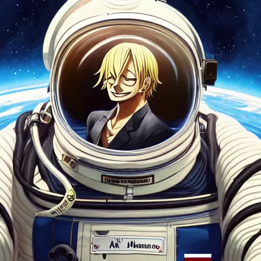 Image similar to sanji in a astronaut suit and sanji, black tuxedo, intricate, sanji, highly detailed, digital painting, artstation, concept art, smooth, sharp focus, illustration, sanji, unreal engine 5, 8 k, art by artgerm and greg rutkowski and alphonse mucha