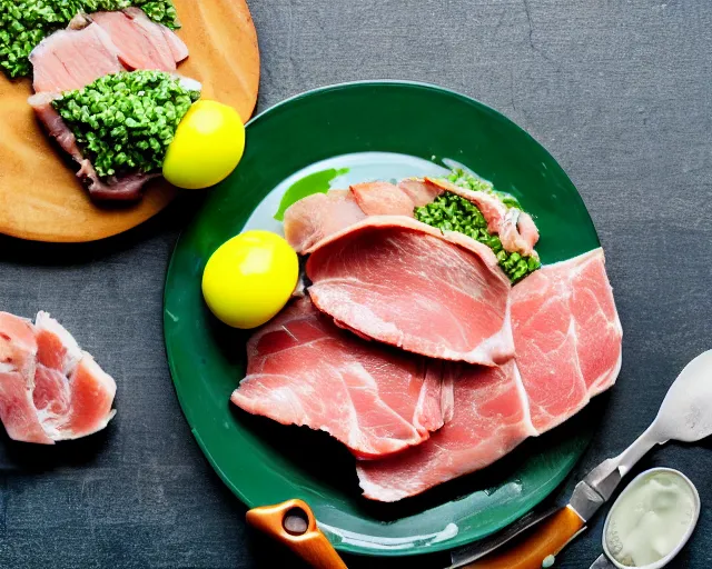 Prompt: Green eggs and ham. A healthy shade of green for eggs and meat. Fresh, cooked, scrumptious!