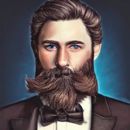 Image similar to a highly detailed portrait of a man, with a brown beard and hair, blue eyes, wearing a tuxedo, photo, hyperrealism, digital art