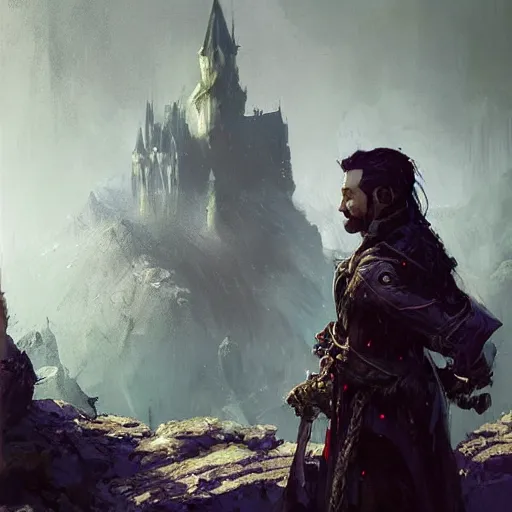 Prompt: portrait of a warlock, dungeons and dragons character, castle background, gorgeous view, realistic, high detail, digital art, painted by greg rutkowski, painted by jeremy mann, trending on artstation