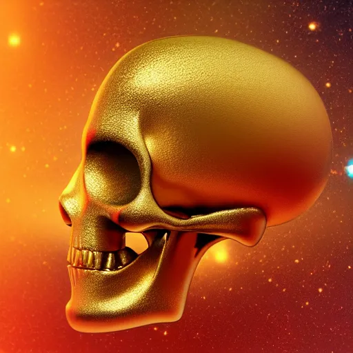 Image similar to golden skull floating in space, 3d render, DROELOE, digital illustration, computer render, 8K