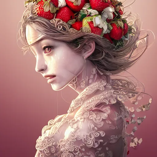 Image similar to the portrait of an absurdly beautiful, graceful, elegant, sophisticated, fashionable young woman made of strawberries and white petals looking down, an ultrafine hyperdetailed illustration by kim jung gi, irakli nadar, intricate linework, bright colors, octopath traveler, final fantasy, unreal engine 5 highly rendered, global illumination, radiant light, detailed and intricate environment