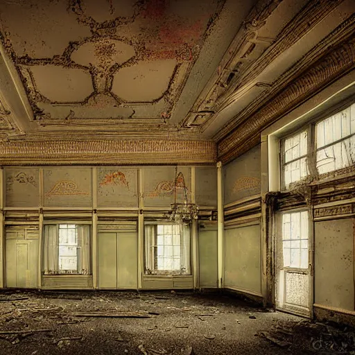 Prompt: old abandoned ballroom photograph color moody