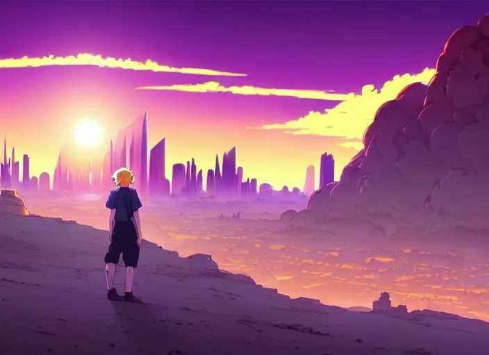 Image similar to cel shading background, science fiction pc game point - and - click adventure, studio ghibli, desert with city in the skyline, two suns, purple orange colors, sharp focus, illustration, highly detailed, digital painting, concept art, matte, art by wlop and artgerm and greg rutkowski, masterpiece