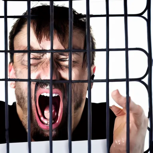 Image similar to a screaming man stuck inside a cage made of tedious paperwork