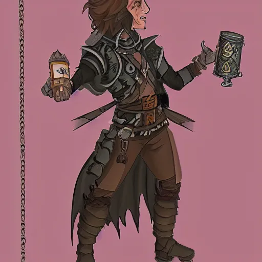 Image similar to DND concept character tan mercenary rogue, with long black hair, leather armor, possessed by a demon, holding a flask, grimoire neck chain