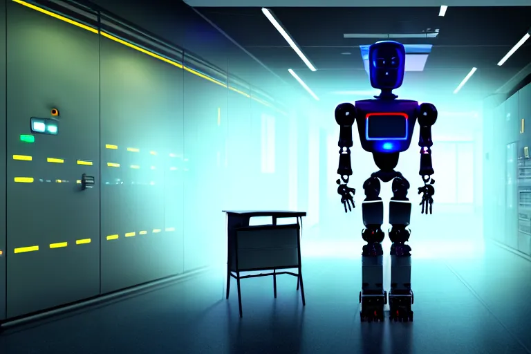 Prompt: full body robot with human mask on wheels, background data server room, neon and dark, illumination ray tracing hdr render in i am robot movie shot