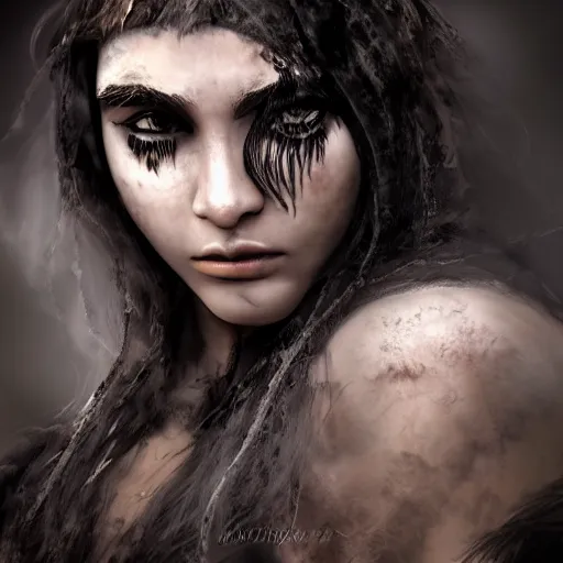 Prompt: 19-year-old barbarian girl with shaggy black hair, hair over her eyes, very long bangs, gray skin, scar, battle scar, face close up, digital art