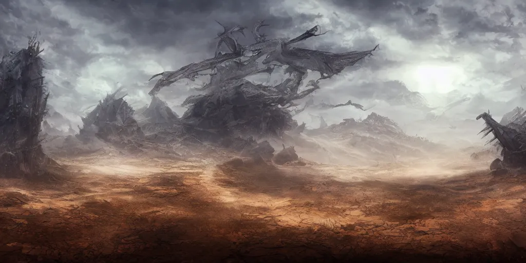 Image similar to barren landscape, apocalyptic fantasy, mmo, digital art, 4 k