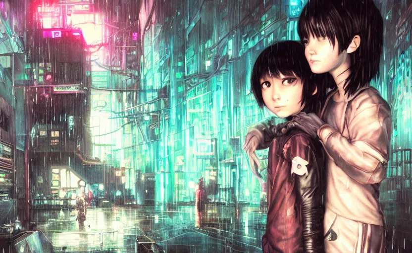 Image similar to an epic fantasy comic book style portrait painting of an extremely cute and adorable very beautiful cyberpunk lain ( serial experiments lain ) and a very imposing industrial goth trent reznor in the rain, neon reflections, character design by mark ryden and pixar and hayao miyazaki, unreal 5, daz, hyperrealistic, octane render, cosplay, rpg portrait, dynamic lighting, intricate detail, cinematic