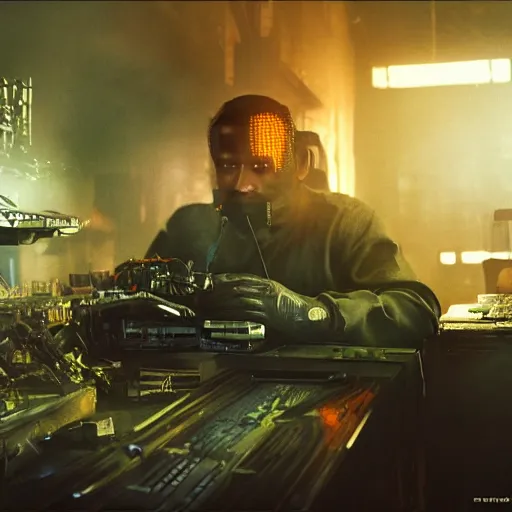 Image similar to augmented human repairing commodore 6 4, dark messy smoke - filled cluttered workshop, dark, dramatic lighting, orange tint, cinematic, highly detailed, sci - fi, futuristic, movie still from blade runner