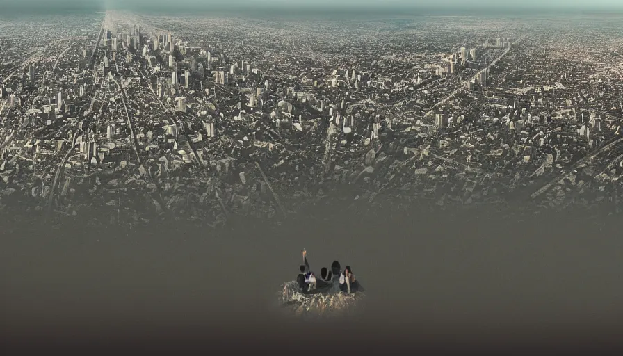 Image similar to people sitting on a hill watching flooded los angeles with multiple boris johnsons flying above the city, hyperdetailed, artstation, cgsociety, 8 k