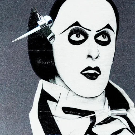 Image similar to a high quality product photo ad of klaus nomi with a technical reed rollerball pen exacto knife by junji ito, ethereal eel