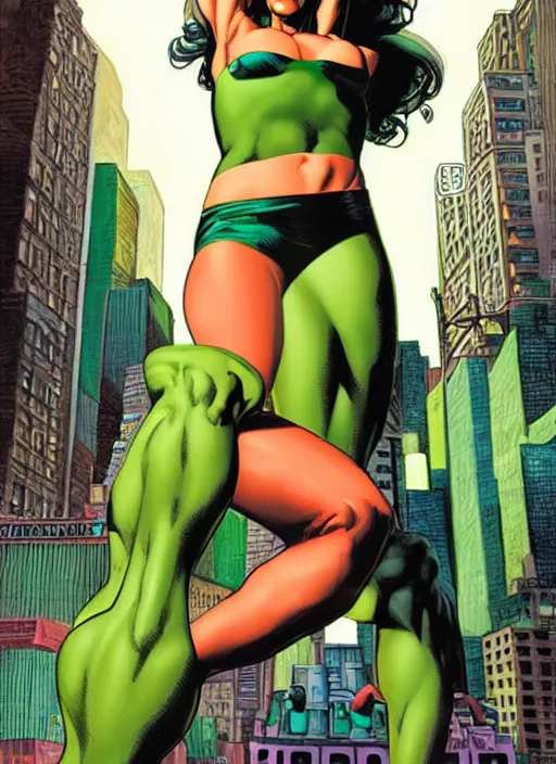 Image similar to a portrait of the she hulk in new york city by joe jusko, simone bianchi and alex ross dramatic lighting.