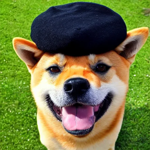 Image similar to a shiba inu dog wearing a beret and black turtleneck