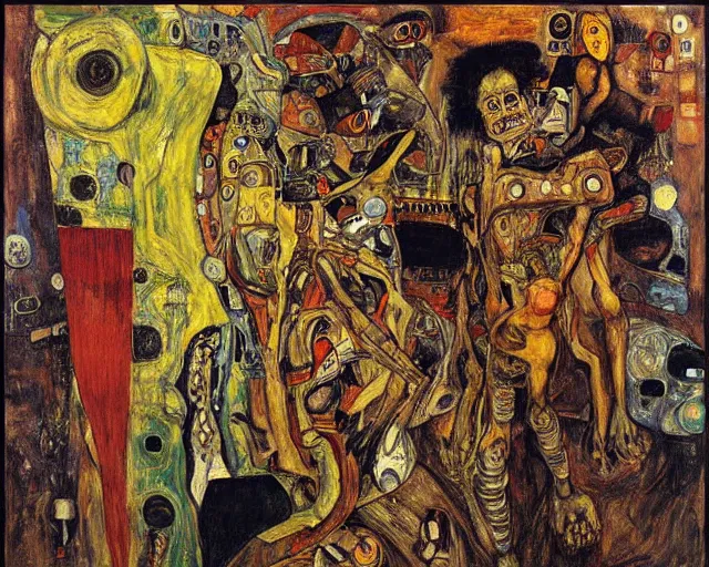 Image similar to a painting of a monsters and robots by graham sutherland, egon schiele, gustav klimt, neo - expressionism