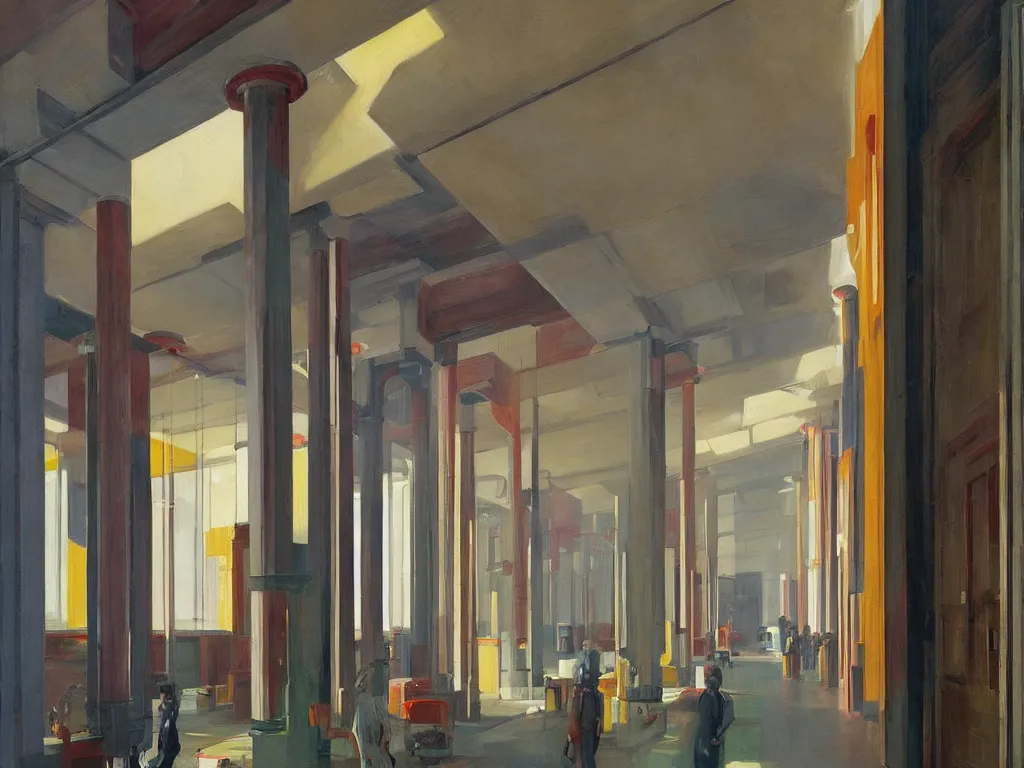 Image similar to colorful minimalist industrial interior hallway with monolithic pillars in the style of ridley scott and stanley kubrick, impossible stijl architecture, crowded with victorian era figures, ultra view angle view, realistic detailed painting by edward hopper
