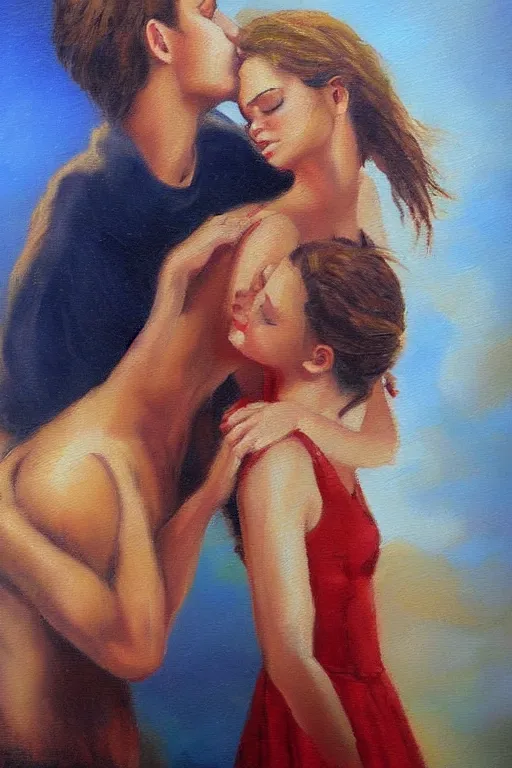 Image similar to man kisses girl beautiful harmony oil painting