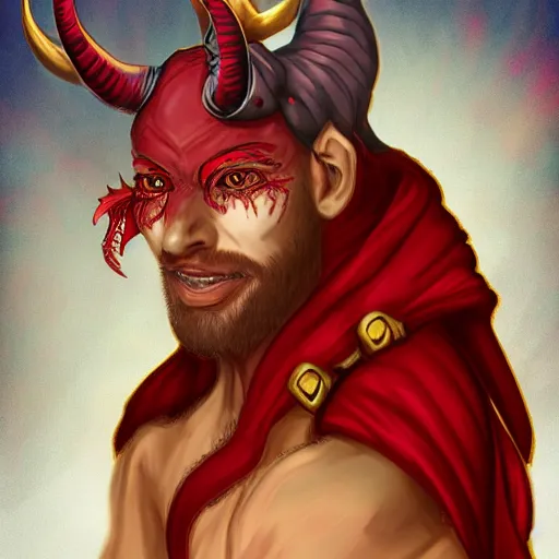 Image similar to dnd style portrait of a tiefling, male, red scales, red skin, a big black beard, completely golden eyes, 2 black ram horns growing out of his forehead,