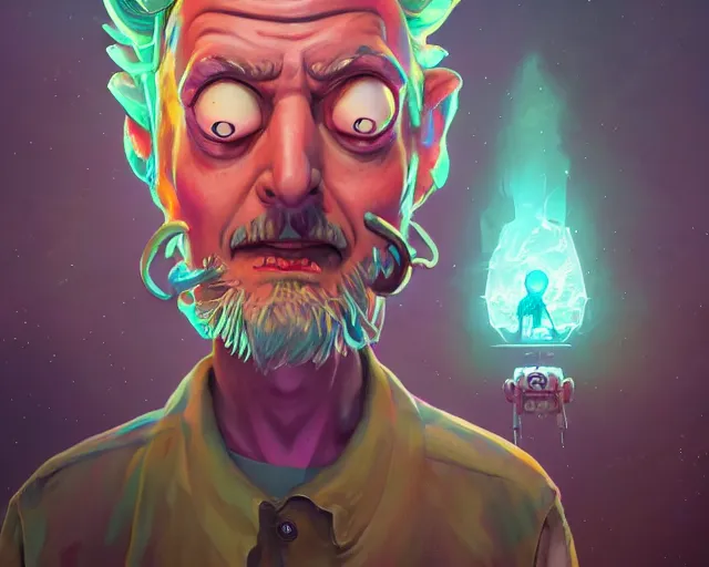 Prompt: fantasy portrait of cartoon rick & morty, intricate abstract. intricate artwork, by greg rutkowski, wlop, beeple, dan mumford. concept art, octane render, trending on artstation, greg rutkowski very coherent symmetrical artwork. cinematic, key art, hyper realism, high detail, octane render, 8 k, iridescent accents