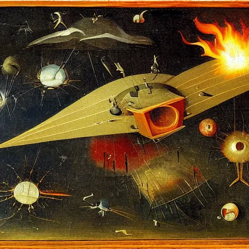 Image similar to A painting of a spaceship burning as it enters Earth's atmosphere, Hieronymus Bosch, sharp, colorful, detailed