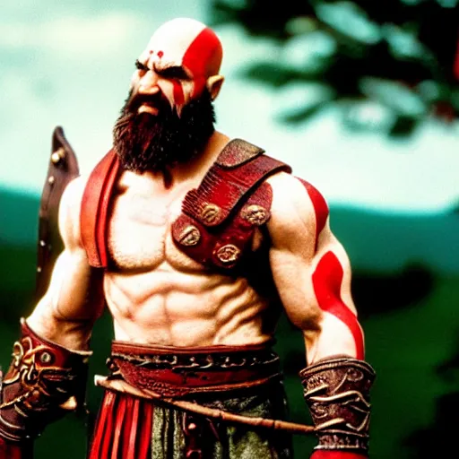 Prompt: photo of kratos god of war in the movie billy madison cinestill, 800t, 35mm, full-HD